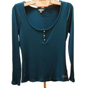 Guess Women's teal Karlee Jewel-Button Ribbed Henley Top Shirt Size XL NWOT